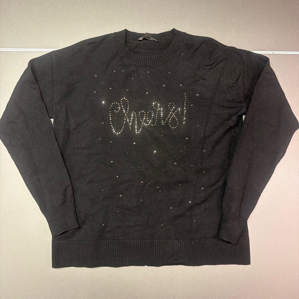 Calligraphie Womens Cheers Rhinestone Sweater Black Pullover S party holiday